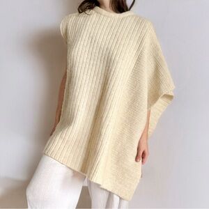VINTAGE MOHAIR WOOL KNIT PONCHO SLEEVELESS TUNIC SWEATER SAND BEIGE NATURAL M-XL